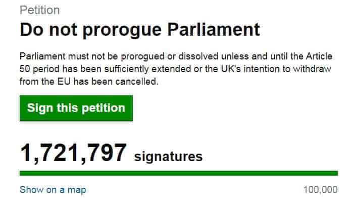 Over 1.7million had signed the petition nationally but this week has seen a bitter row over the decision to suspend Parliament