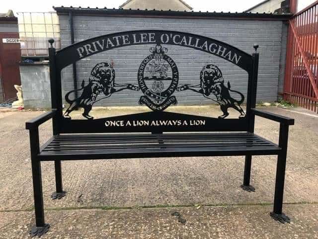 The bench to killed war hero Pte Lee O'Callaghan will be unveiled at The Den this Saturday