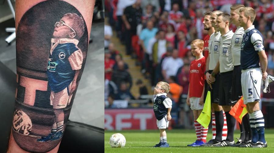Left: Tattoo of Harvey unveiled by dad Dean; right: the iconic scene at Wembley which inspired it