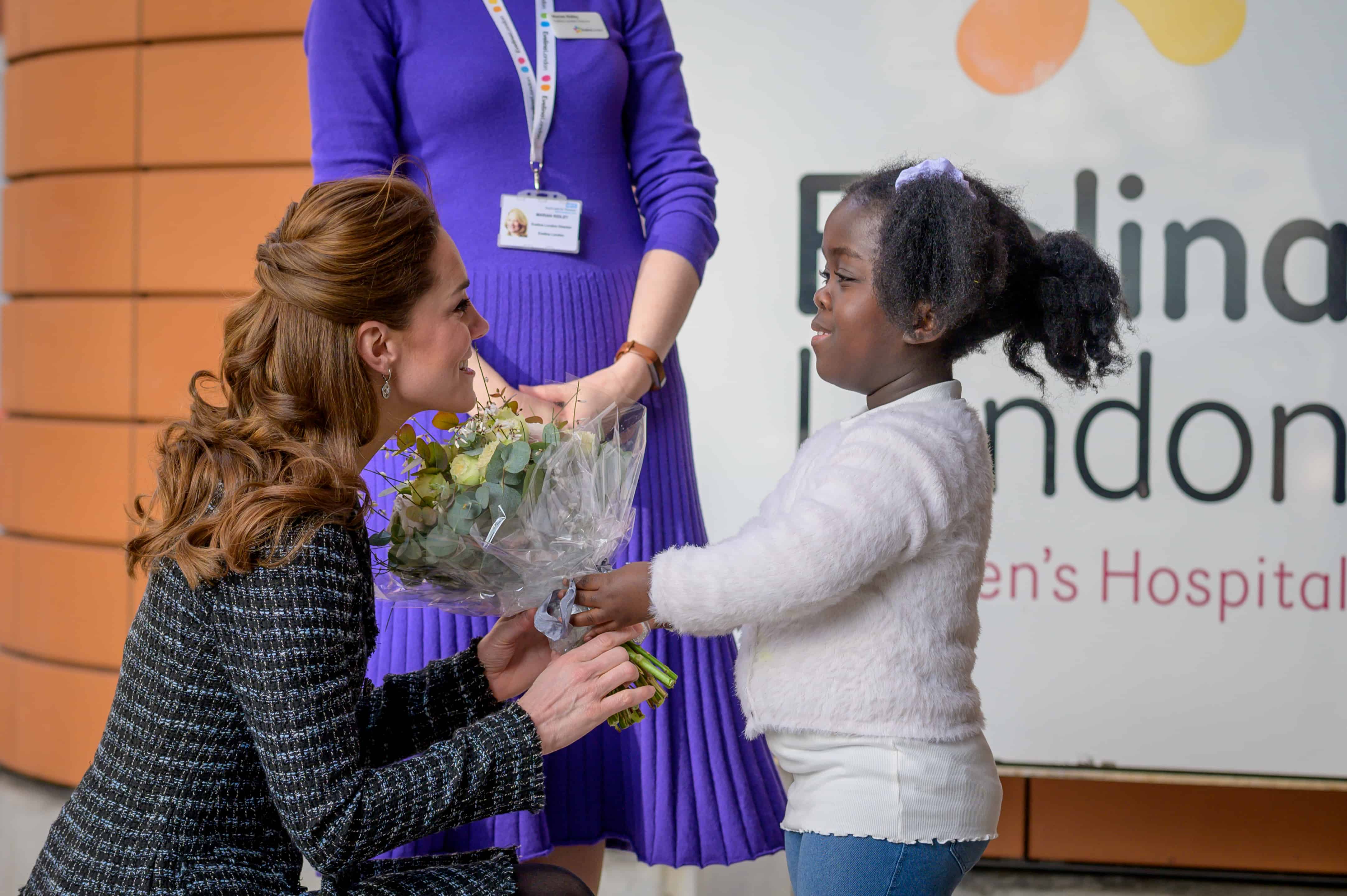 Nine-year-old Anna-Victoria Amoafa-Sennie gave Kate a posy when she arrived at the hospital