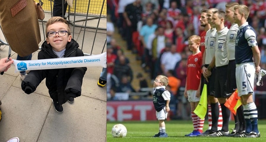 Left: Harvey with MPS Society scarf. right: Harvey as the mascot at Wembley