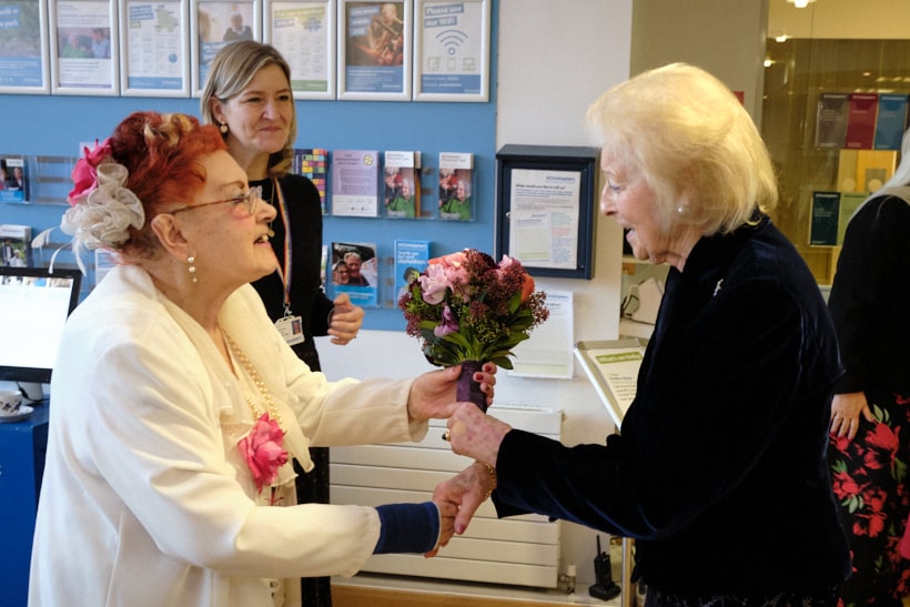 Shirley McDonald presents HRH Princess Alexandra flowers at St Christopher`s Hospice in Sydenham (c) Chris Brown