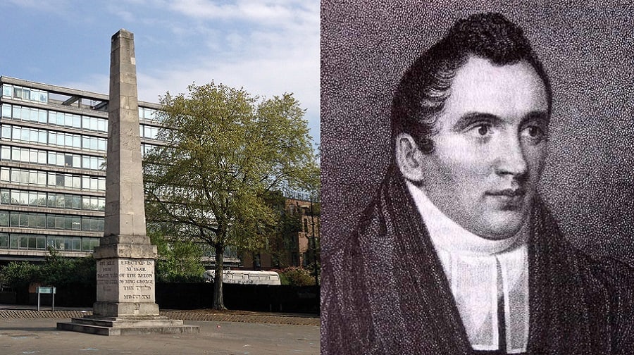 Left: The obelisk near to where the chapel would have stood, right: John Church