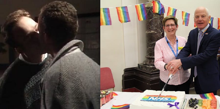 Left: Eastenders kiss, right: Michael Cashman at St Thomas'