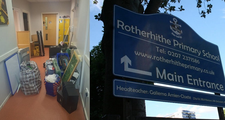 Left: Inside of squatters building, right: school sign