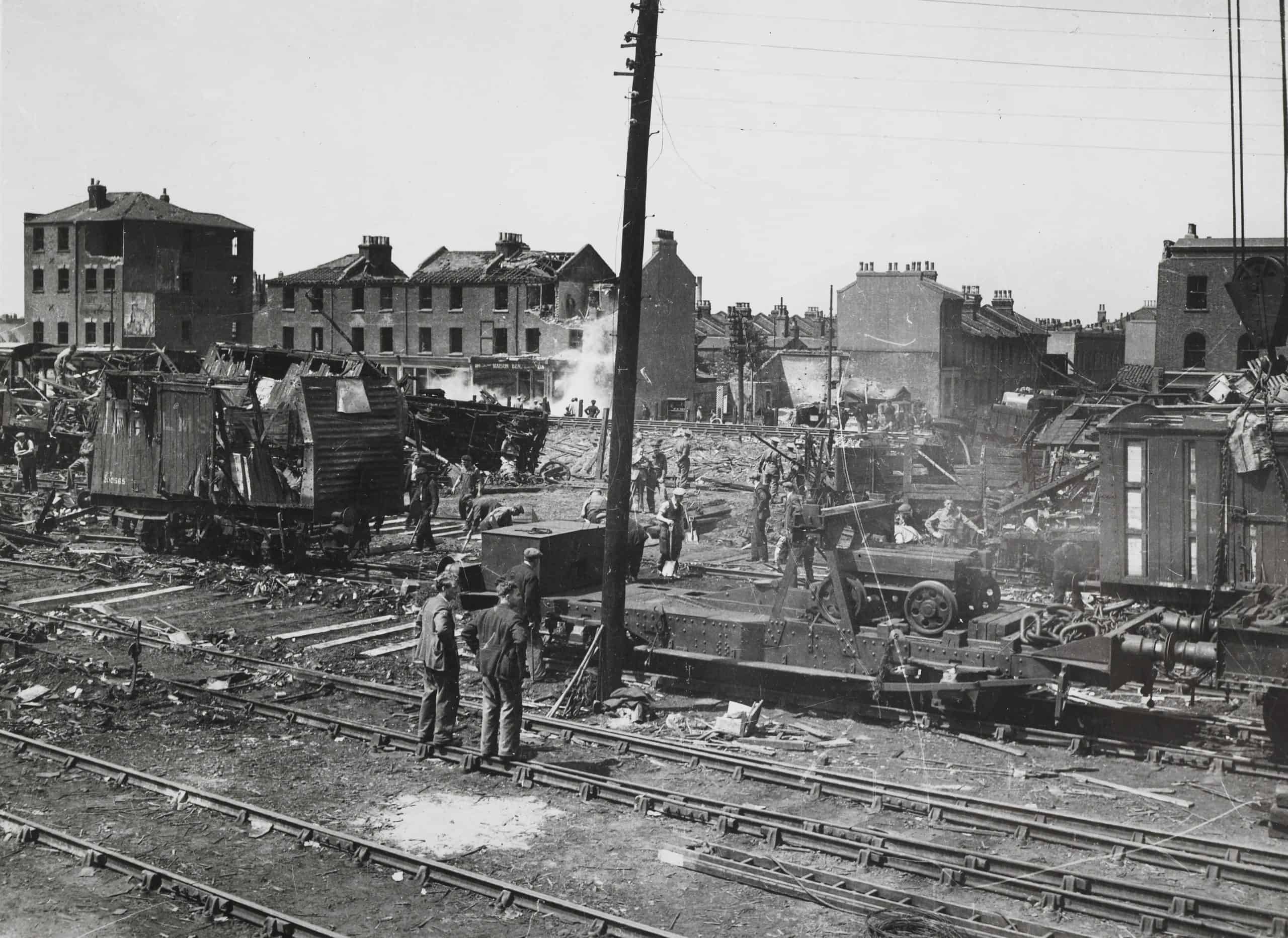 Damage caused by a V1 rocket which hit Royal Victoria Dock in 1944.