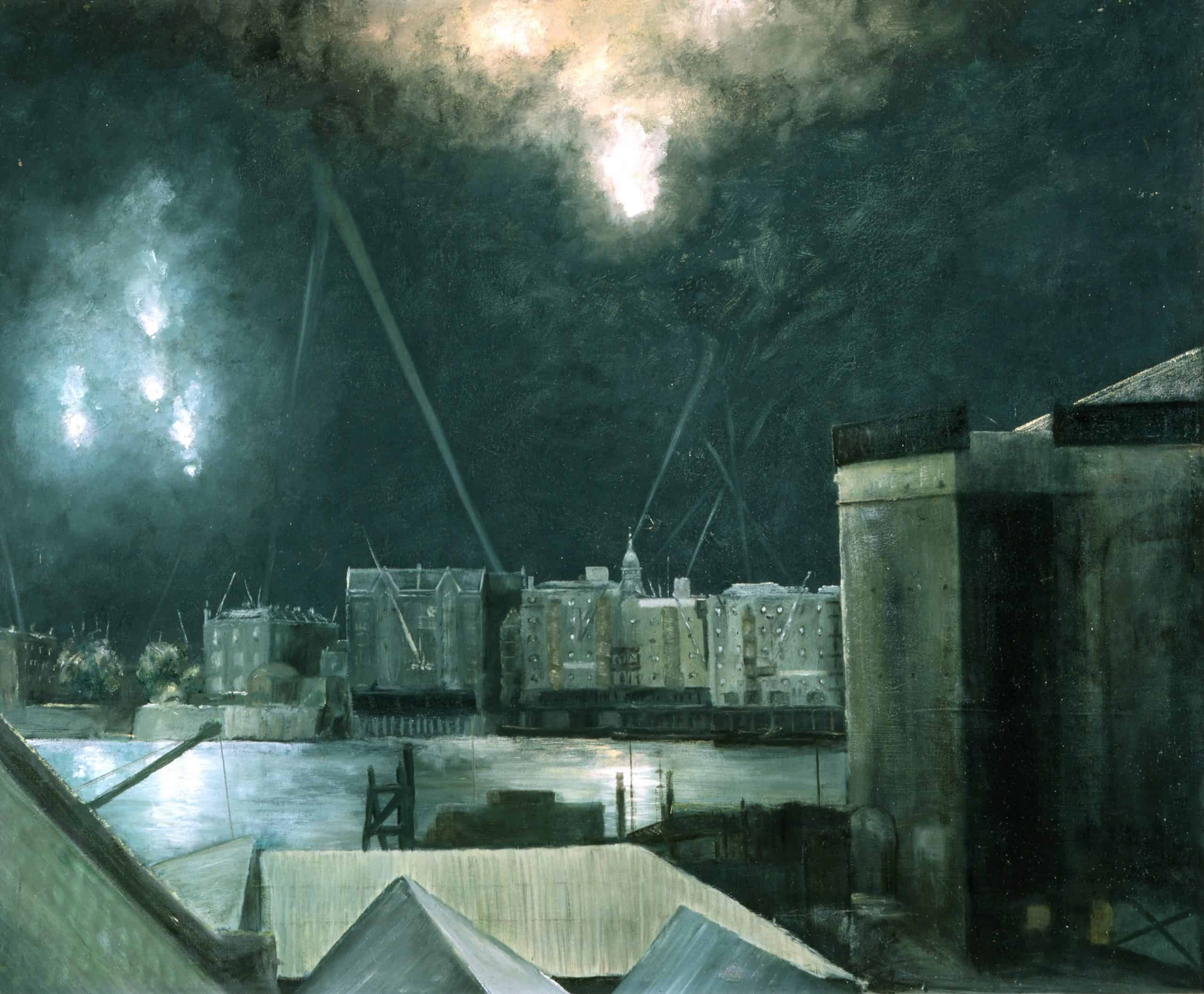 Night Raid over London Docklands
This is a dramatic view of a night time raid on the city, during the Second World War.  From Rotherhithe on the south bank, the scene looks towards Wapping and depicts parachute flares, deployed by German bombers, illuminating the sky.  They fall towards the Wapping entrance of the London Docks, seen in the background on the far left, as searchlights criss-cross the night sky.