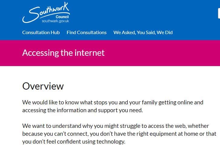 An online survey from the council asking for people who aren't online to get in touch