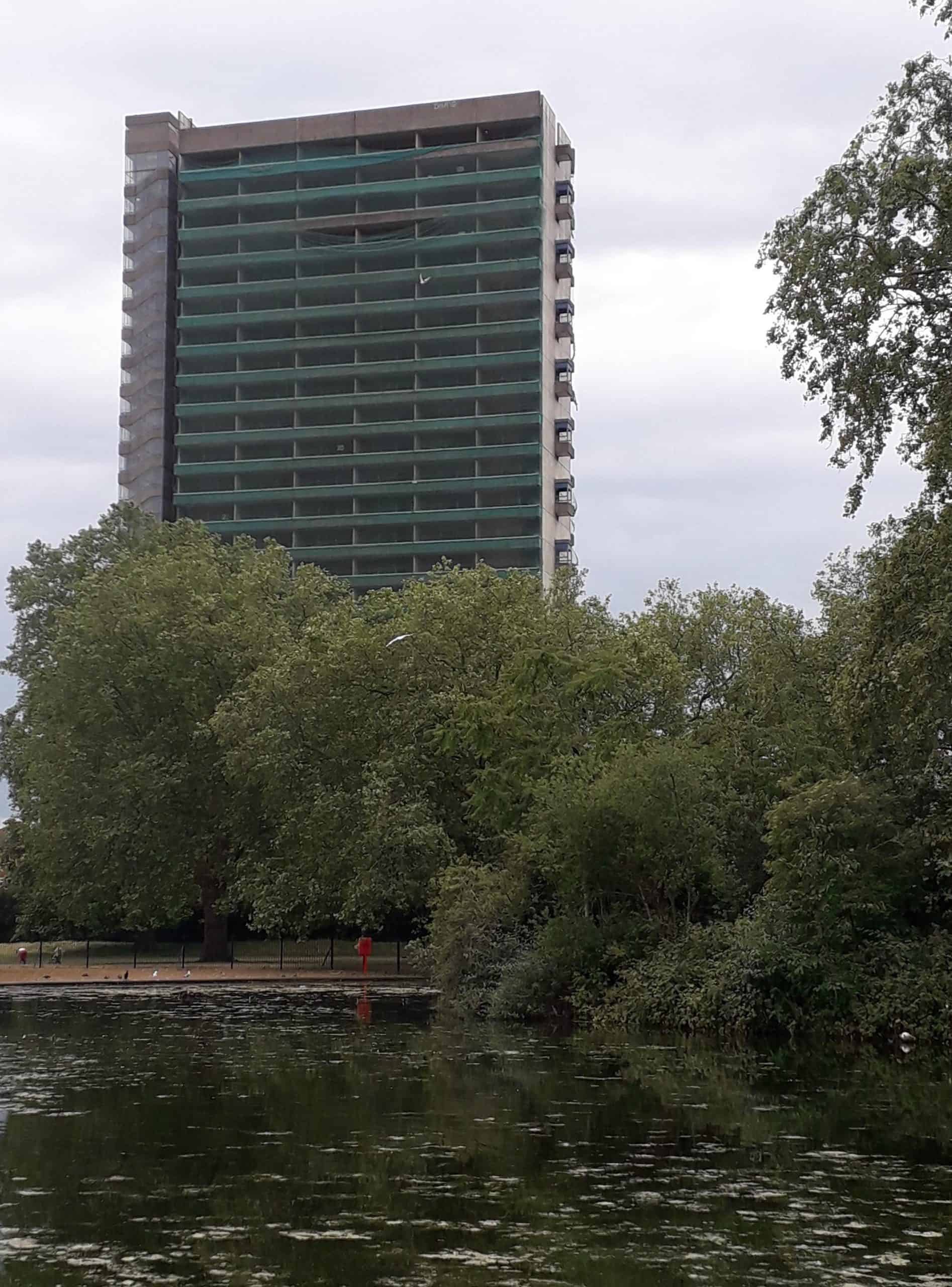 The view of Maydew House from Southwark Park