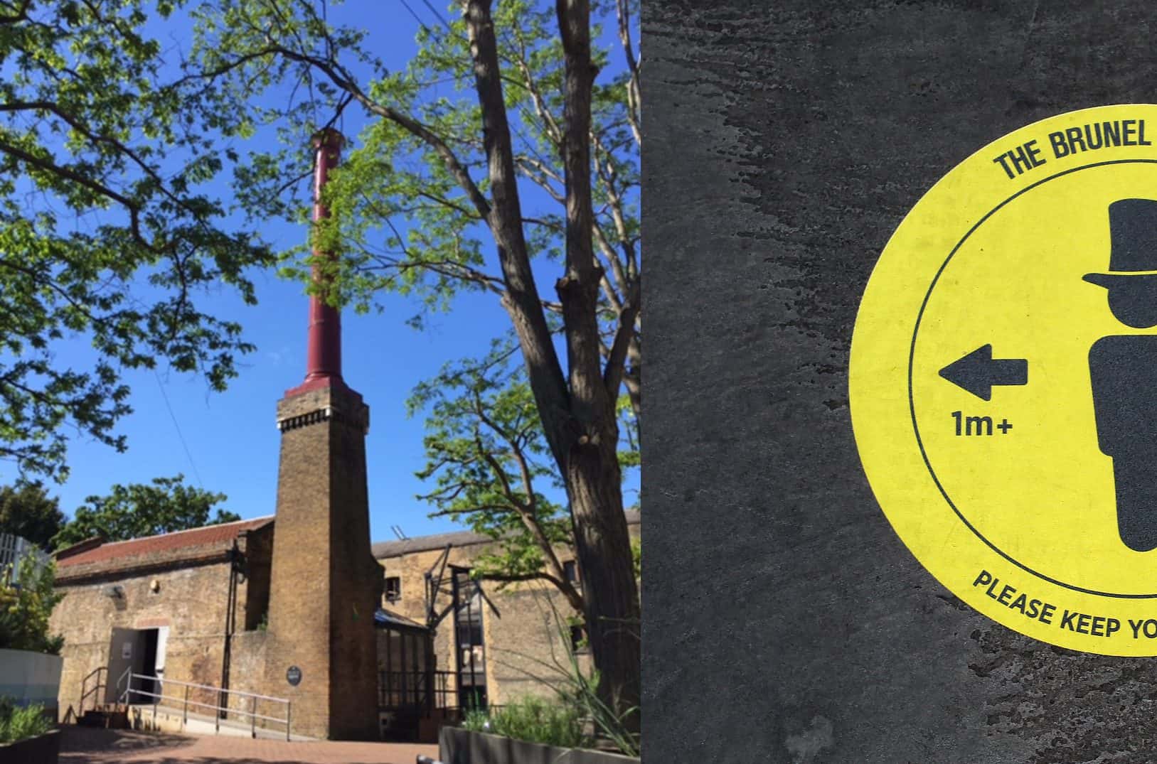 Left: The museum, right: a social distancing sticker the museum is using