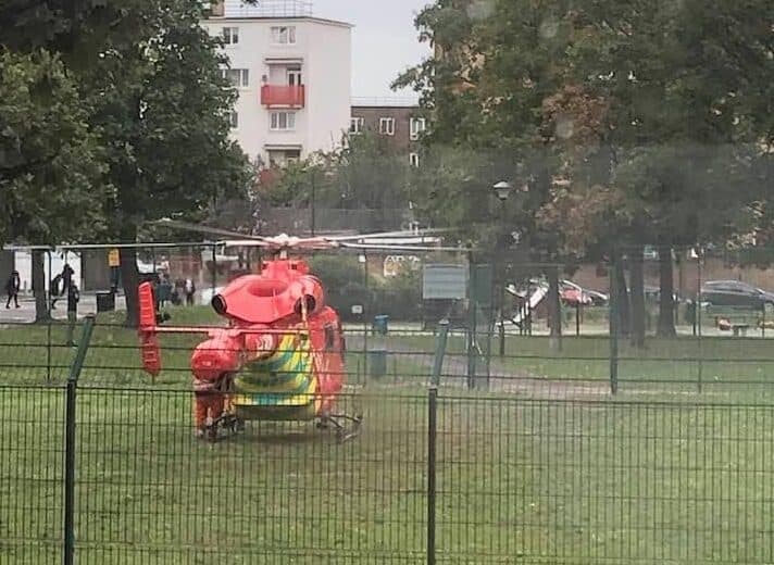 The air ambulance landed on the green near Lucey Way, SE16