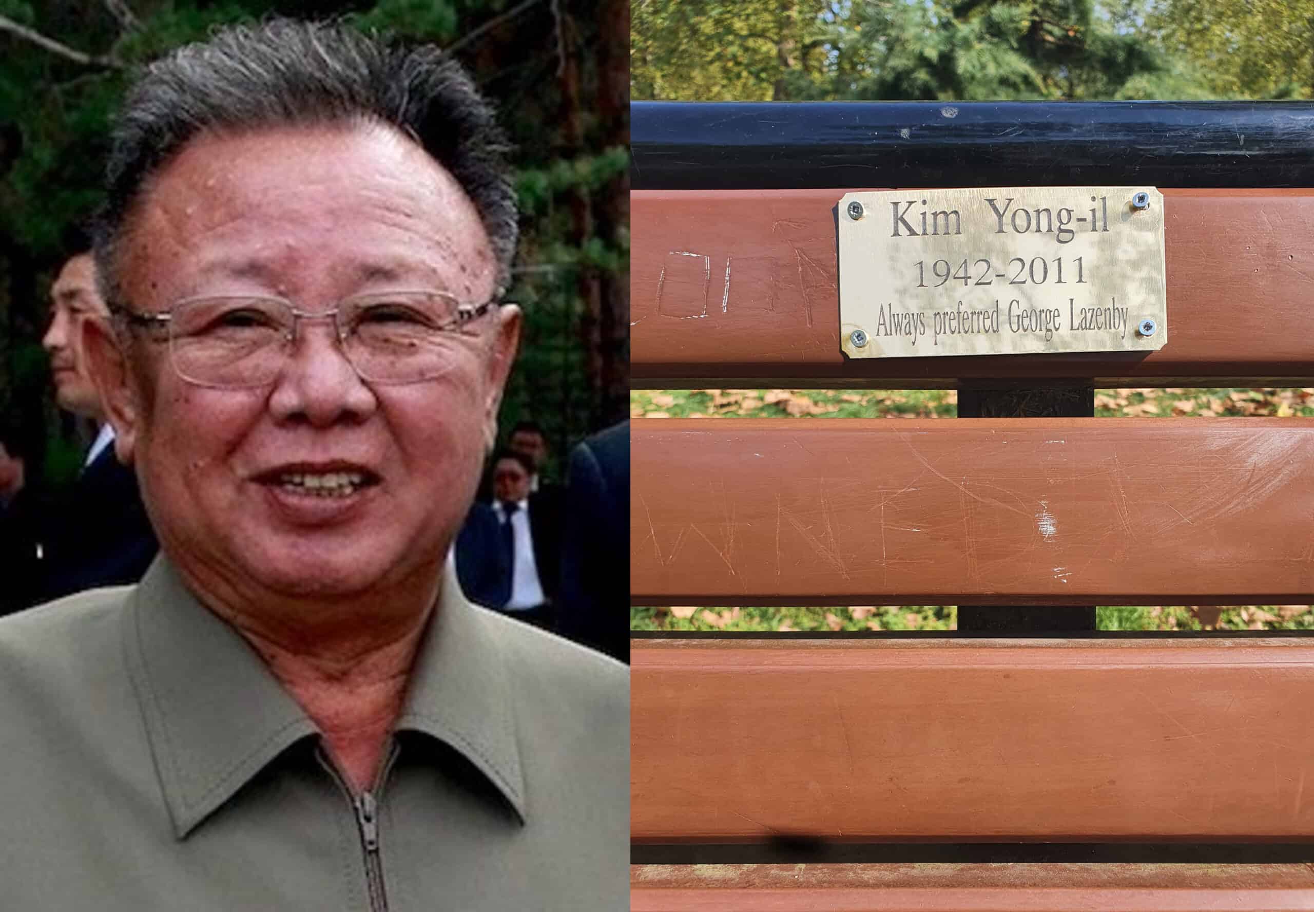 L: Kim Jong-il; R: Memorial plaque to the brutal dictator