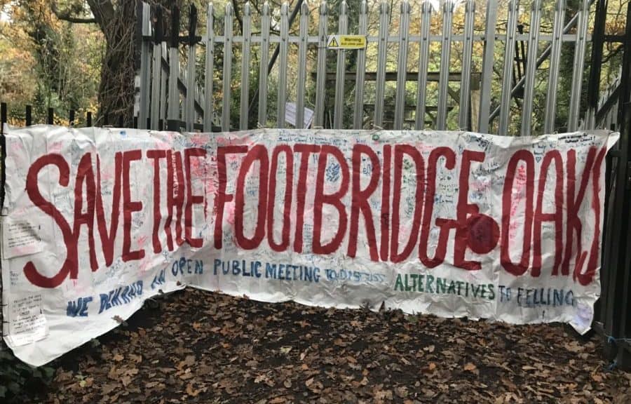 A banner outside the footbridge on Sunday, November 8, 2020
