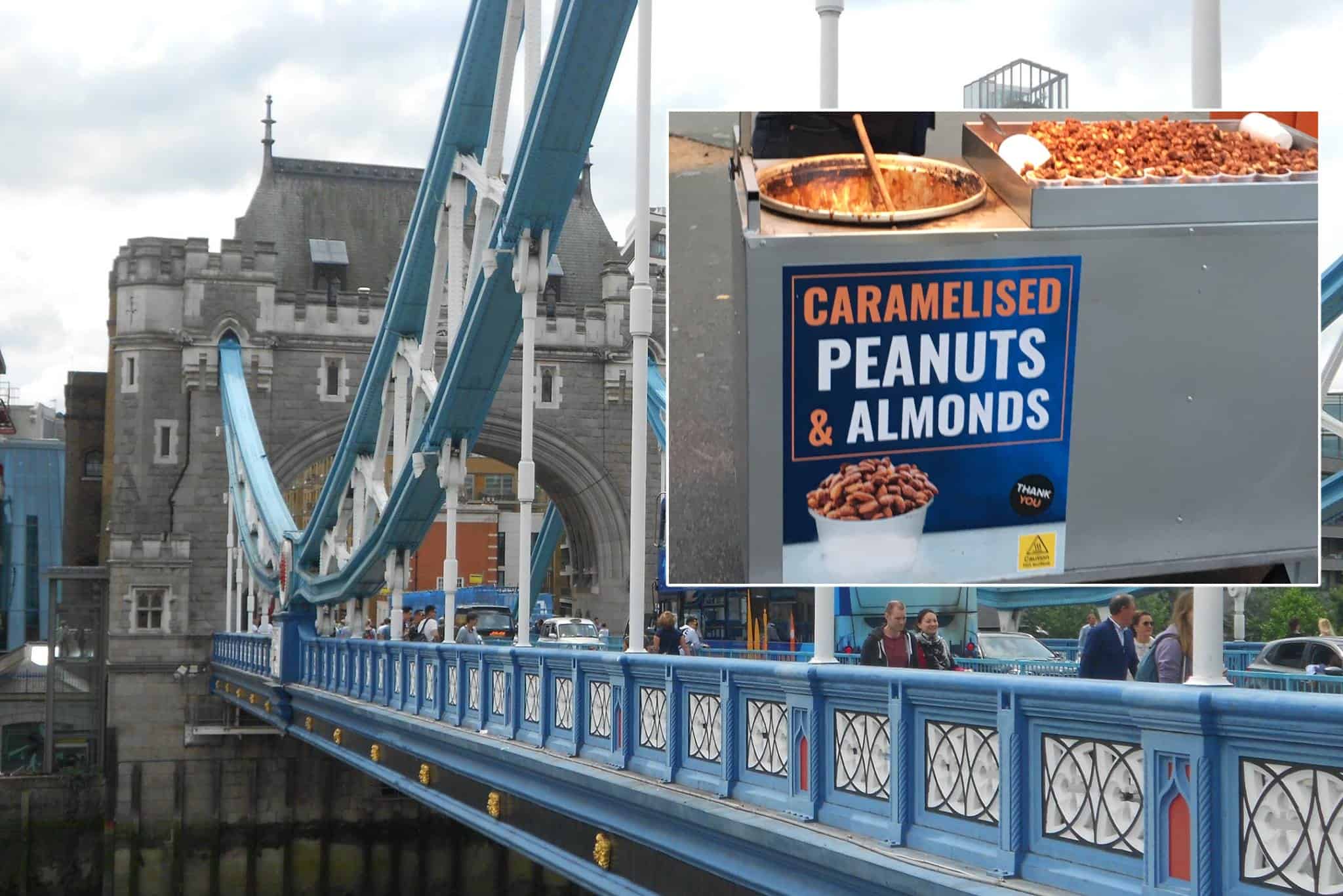 Image: Tower Bridge, inset: peanut cart