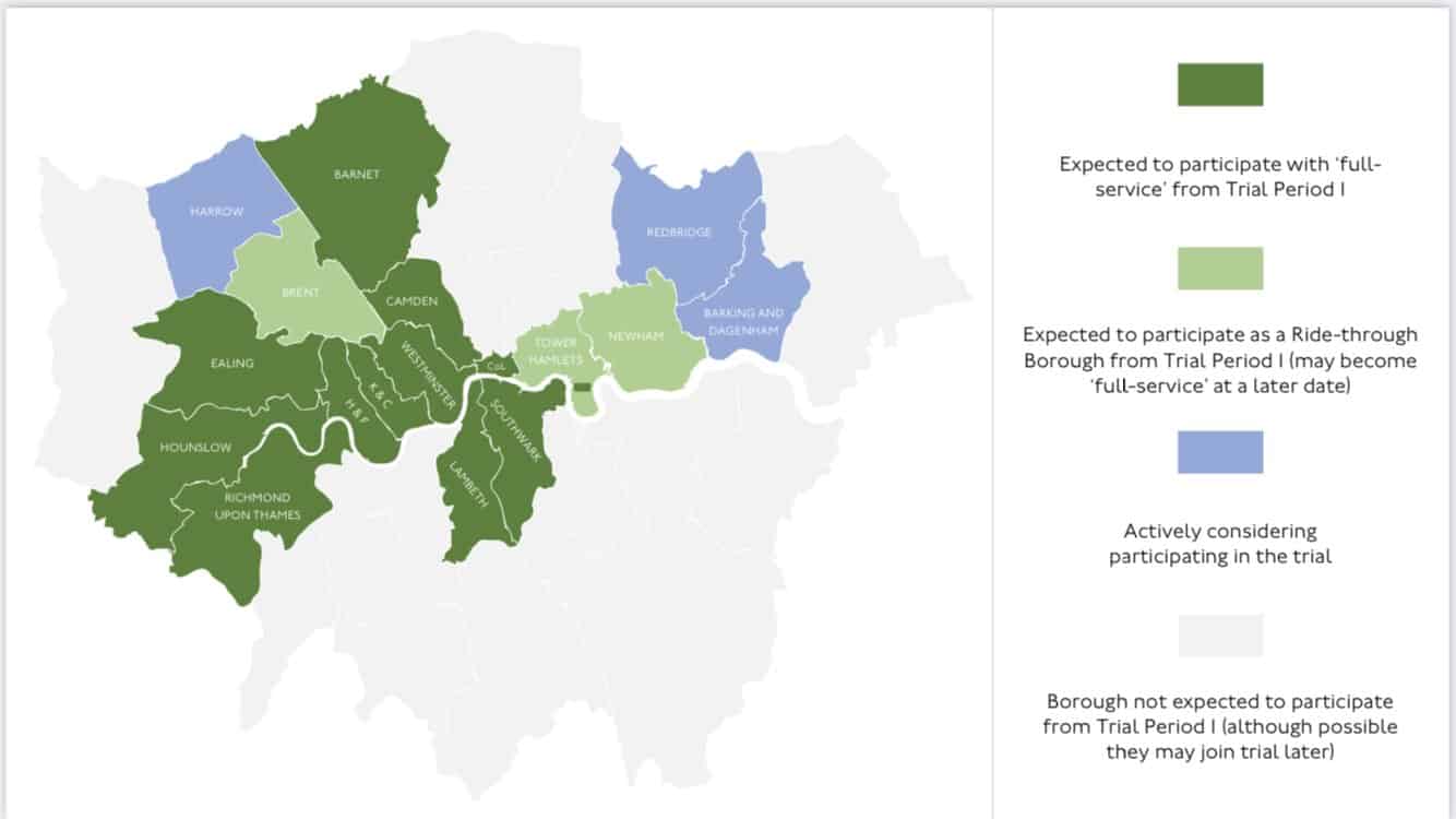 Areas taking part in the trial, due next spring (Image:TfL)