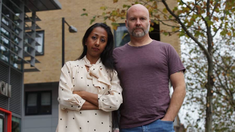 Deepa Mistry and her partner Greg Longley  pictured for a Panorama documentary about shared ownership properties and the cladding scandal (C) BBC - Photographer: Jordan Downer