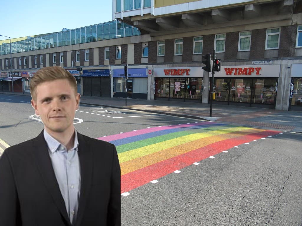Cllr Chamberlain, background: Pride crossing