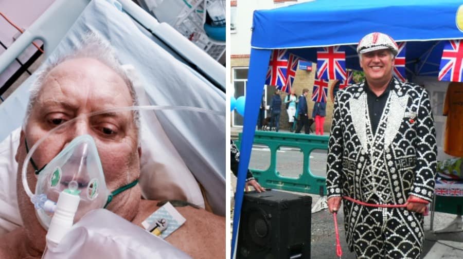 L: Jimmy, the Pearly King of Bermondsey in hospital, R: Jimmy in his Pearly outfit