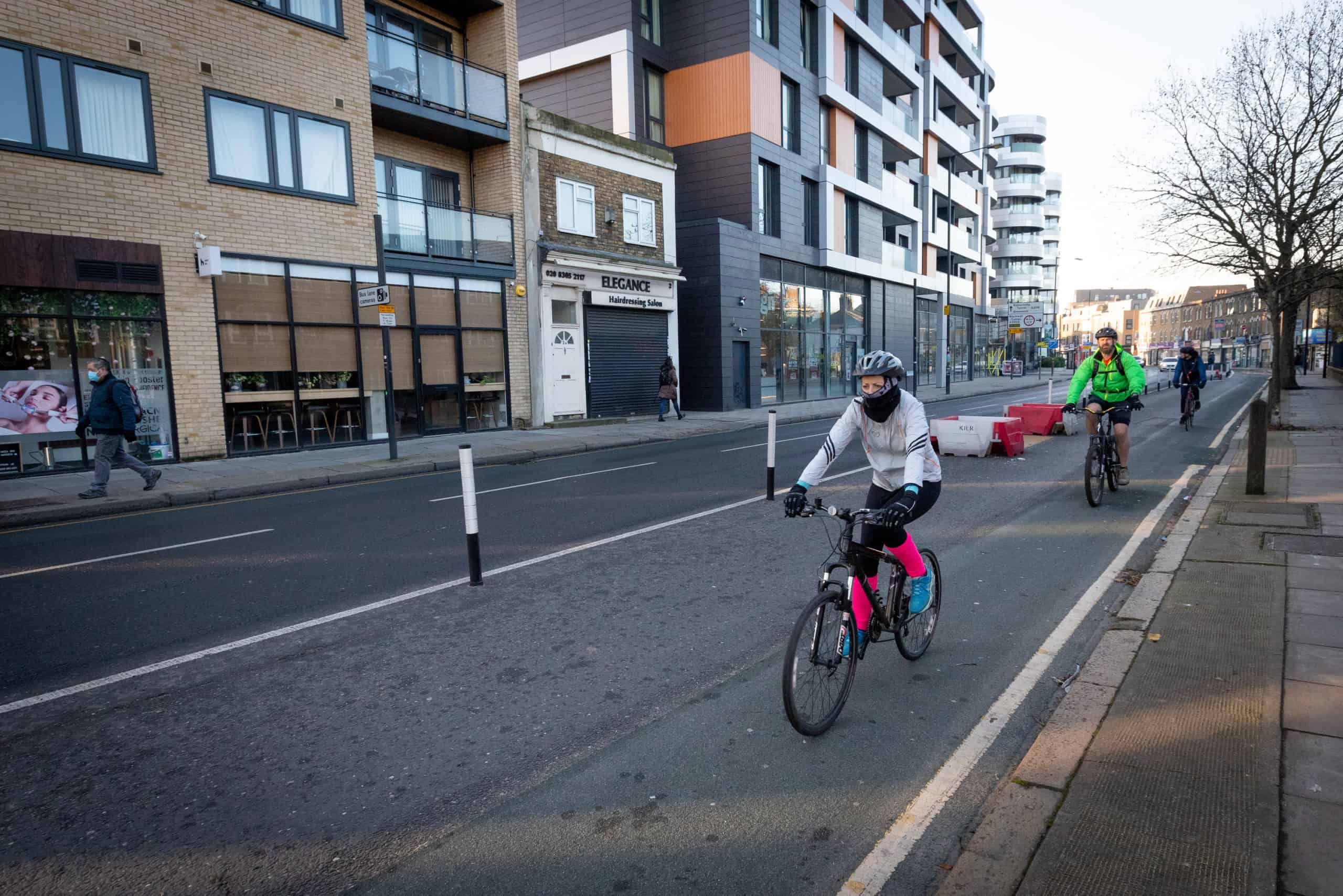 Cyclists use the trial Cycleway 4  in Greenwich on the A206.