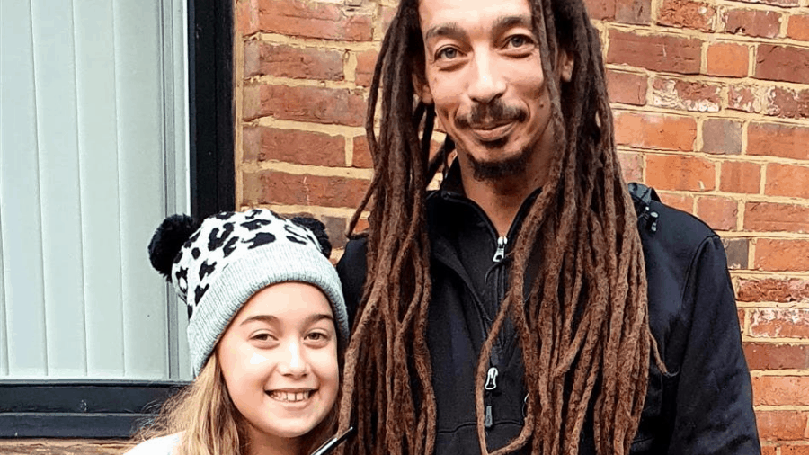 Molly and her Dad Simon, who will be cutting his dreadlocks off in March.