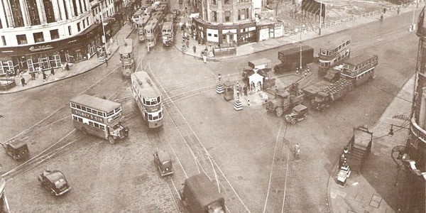 Elephant and Castle in 1946, with trams