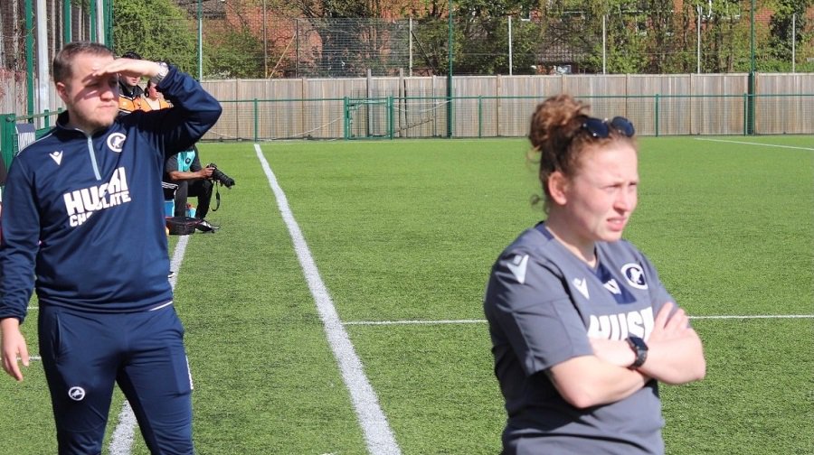 Katie Whitmore and Alex Russell study the action. Photo: Millwall Lionesses