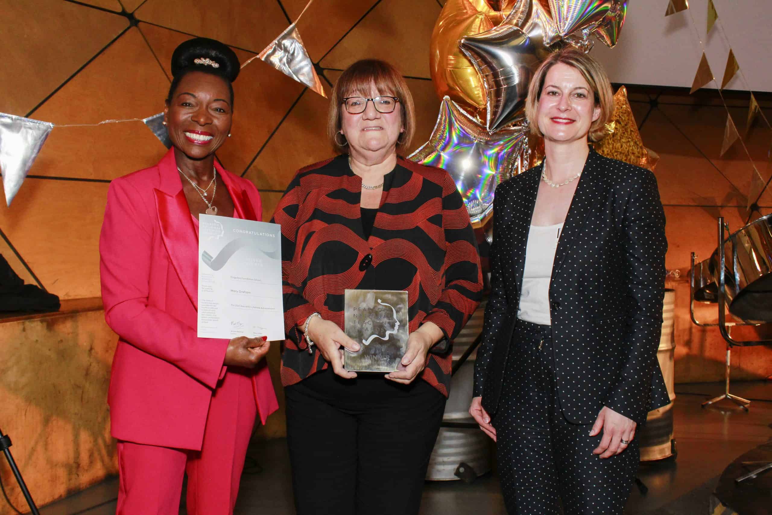 Mary Graham (centre) with Baroness Floella Benjamin (left) and Helen Hayes (right)