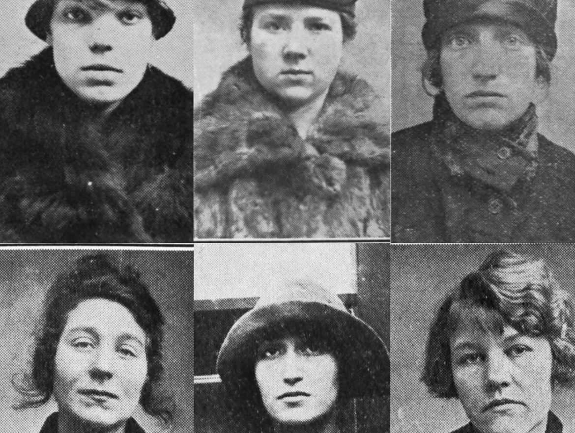 PICTURED -Top row, left to right, Alice Diamond, "Queen of Thieves"; Maggie Hughes, deputy; Laura Partrdige; bottom row, left to right, Bertha Tappenden; Madeline Partridge, Gertrude Scully.