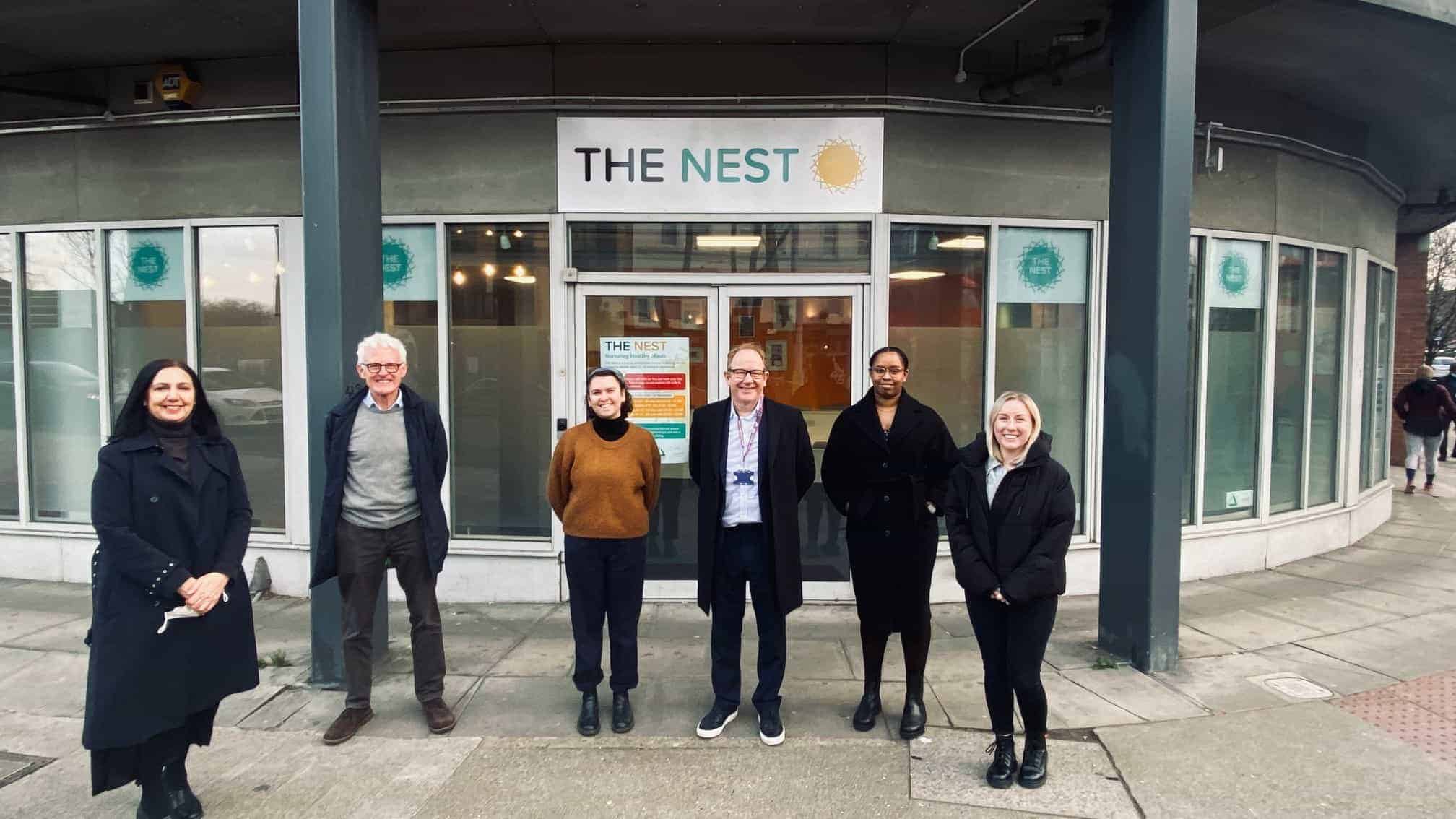 From l-r: Cllr Jasmine Ali, Sir Norman Lamb (Chair of the Children and Young People’s Mental Health Coalition), Hannah Kashman (Service Manager at The Nest), David Bradley (Chief Executive at South London and Maudsley NHS Foundation Trust), Kadra Abdinasir (Strategic Lead at the Children and Young People’s Mental Health Coalition) and Charlotte Rainer (Coalition Lead at the Children and Young People’s Mental Health Coalition)