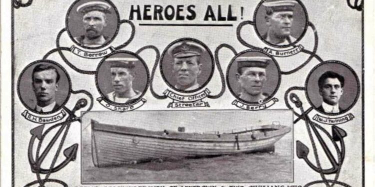An old postcard featuring the faces on the coastguards who saved some of the boys