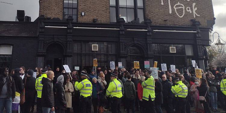 Protestors outside the Honor Oak pub. Credit: Reshima