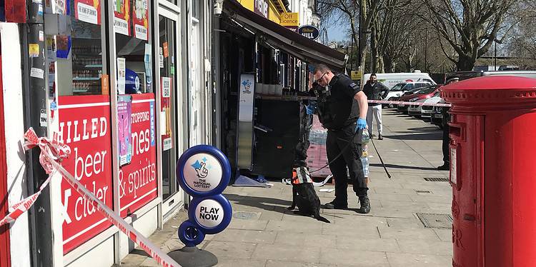 A police dog and its handler at the scene of a stabbing on Ilderton Road, Bermondsey.