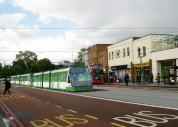 A CGI tram travelling through Camberwell