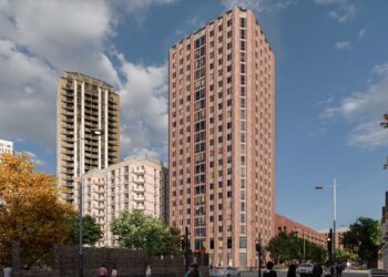 CGI of planned Deptford Landings development with approve student tower block (centre right). From Lewisham Council planning documents