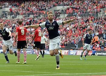 Mark Beevers scored in Millwall's 3-1 League One play-off final defeat to Barnsley. Image: Millwall FC