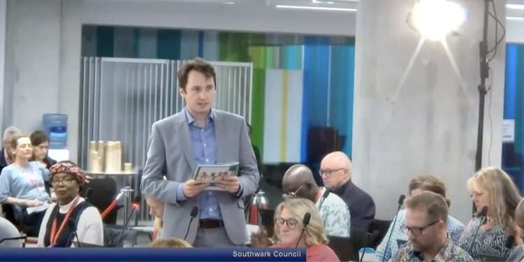 Cllr James McAsh talking at the Assembly on July 12 (Southwark Council)