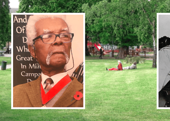 Sam King (left) and Harold Moody (right) against a photo of Camberwell Green. Credit: Robin Stott (Creative Commons)