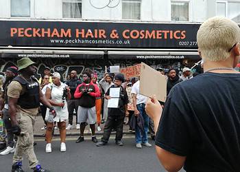 Protest outside Peckham Hair & Cosmetics. Credit- Postcards from Peckham (X formerly known as Twitter)
