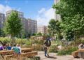 CGI of planned park at Canada Water with flats surrounding it. From Southwark Council planning documents