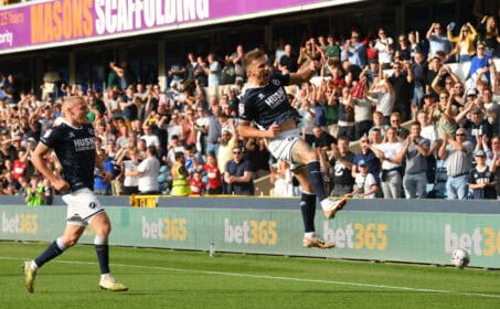 Joe Bryan launched himself into the air after scoring a brilliant equaliser against Hull. Image: Millwall FC