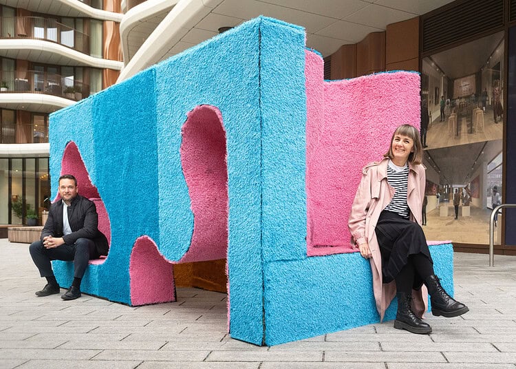 Nicole Gordon CEO of Better Bankside and Juraj Marko MD of JTRE next to the 'playable' sculpture.