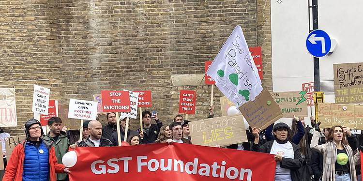Protestors outside the offices of Guy's and St Thomas' Foundation on November 2, 2023. Photo by Robert Firth