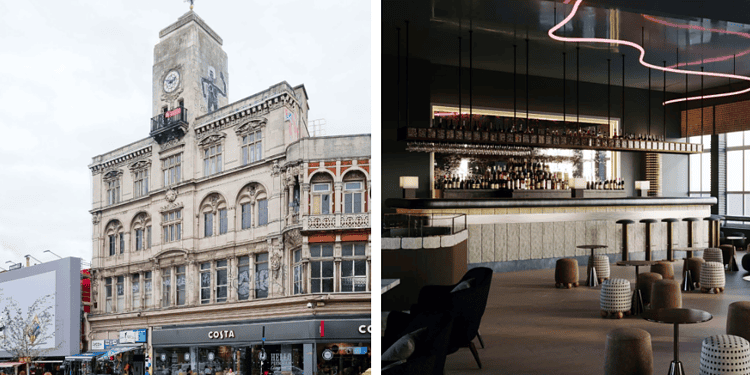 The Jones & Higgins building (left) and a computer-generated image of what the bar interior could look like (right). Images: Southwark Planning Documents