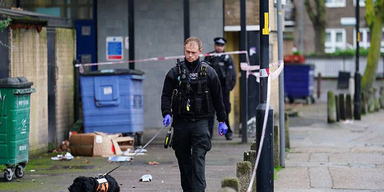 A police sniffer dog works at the scene outside Spenlow House in Jamaica Road, Bermondsey, south east London, where a 22-year-old woman died from a stab injury on Christmas Eve. A 16-year-old boy has been arrested on suspicion of murder. Picture date: Monday December 25, 2023.