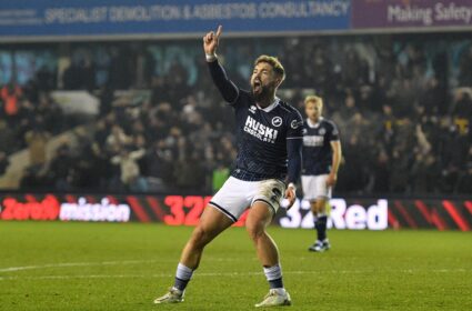 Tom Bradshaw furiously protested against the offside decision after he put the ball in the back of the net. Image: Millwall FC