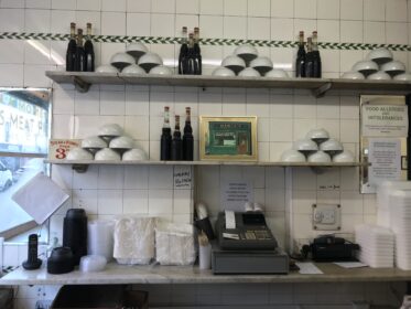 Behind the counter at Manze's Pie and Mash, Deptford