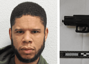 Convicted Sean Bent (left) and a pistol discovered by police (right). Images: Met Police