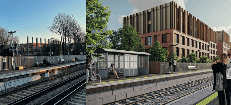 The view currently from East Dulwich station (left) and a computer-generated image of The Sidings (right)