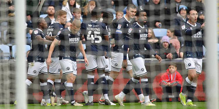 Millwall's players celebrate after Romain Esse's opener. Image: Millwall FC