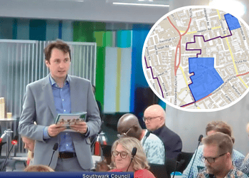 Cllr James McAsh addressing Southwark Council Assembly last year (left) and the newly proposed Nunhead CPZ (right)